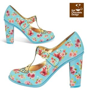 Floral Print Synthetic Leather Mary Jane Heels, Size 40 (US10)